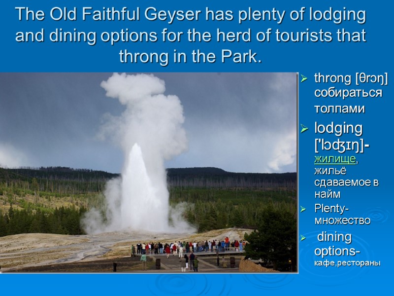 The Old Faithful Geyser has plenty of lodging and dining options for the herd